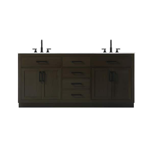 72 in. Double Sink Mocha Brown Bath Vanity with White Engineered Marble Top