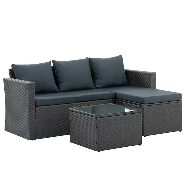 Zeus & Ruta 3-Piece PE Wicker Outdoor Sectional Set with Dark Gray Cushions and Tempered Glass Coffee Table
