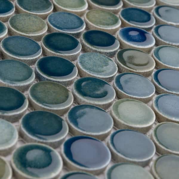 Hudson Penny Round Lagoon 6 in. x 6 in. Porcelain Mosaic Take Home Tile Sample