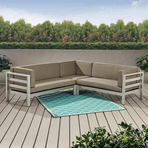 Noble House Bel Aire Silver 3-Piece Aluminum Outdoor Sectional with Khaki Cushions