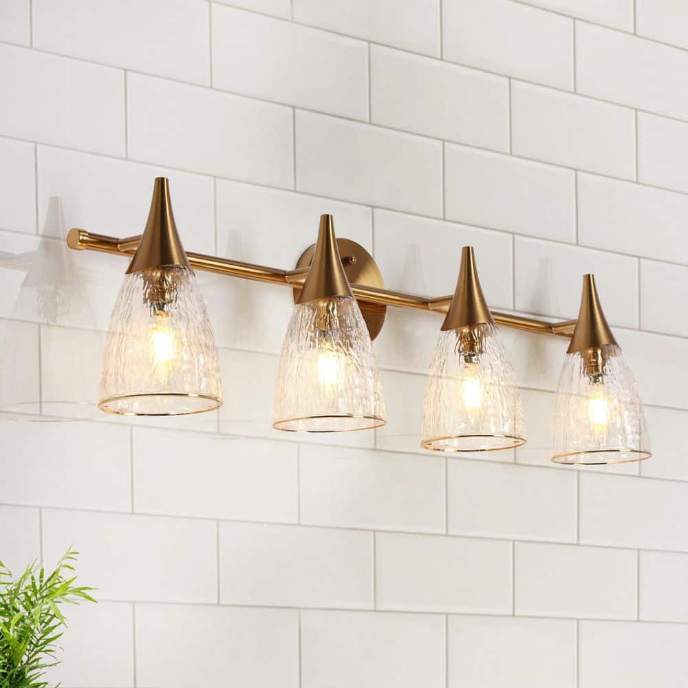 Modern 29 in. 4-Light Plated Brass Vanity Light with Cone Glacial Glass for Bathroom, Powder Room price history on PriceWatchPro