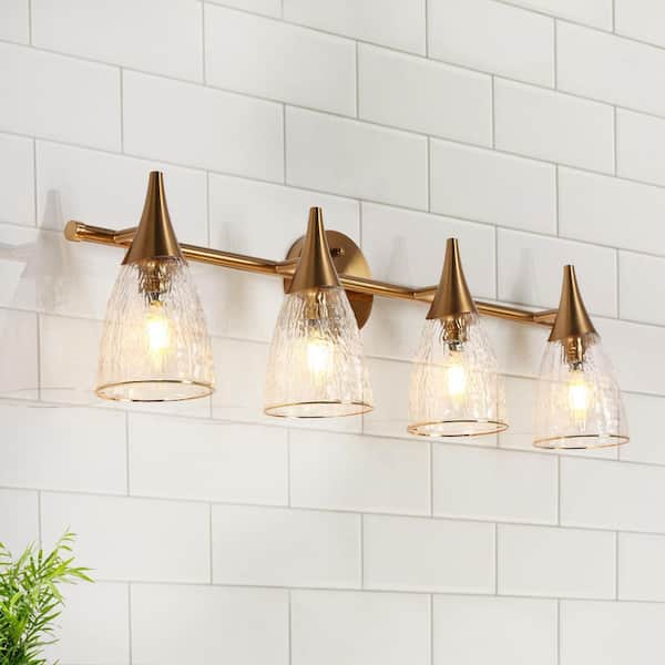LNC Modern 29 in. 4-Light Plated Brass Vanity Light with Cone Glacial Glass for Bathroom, Powder Room