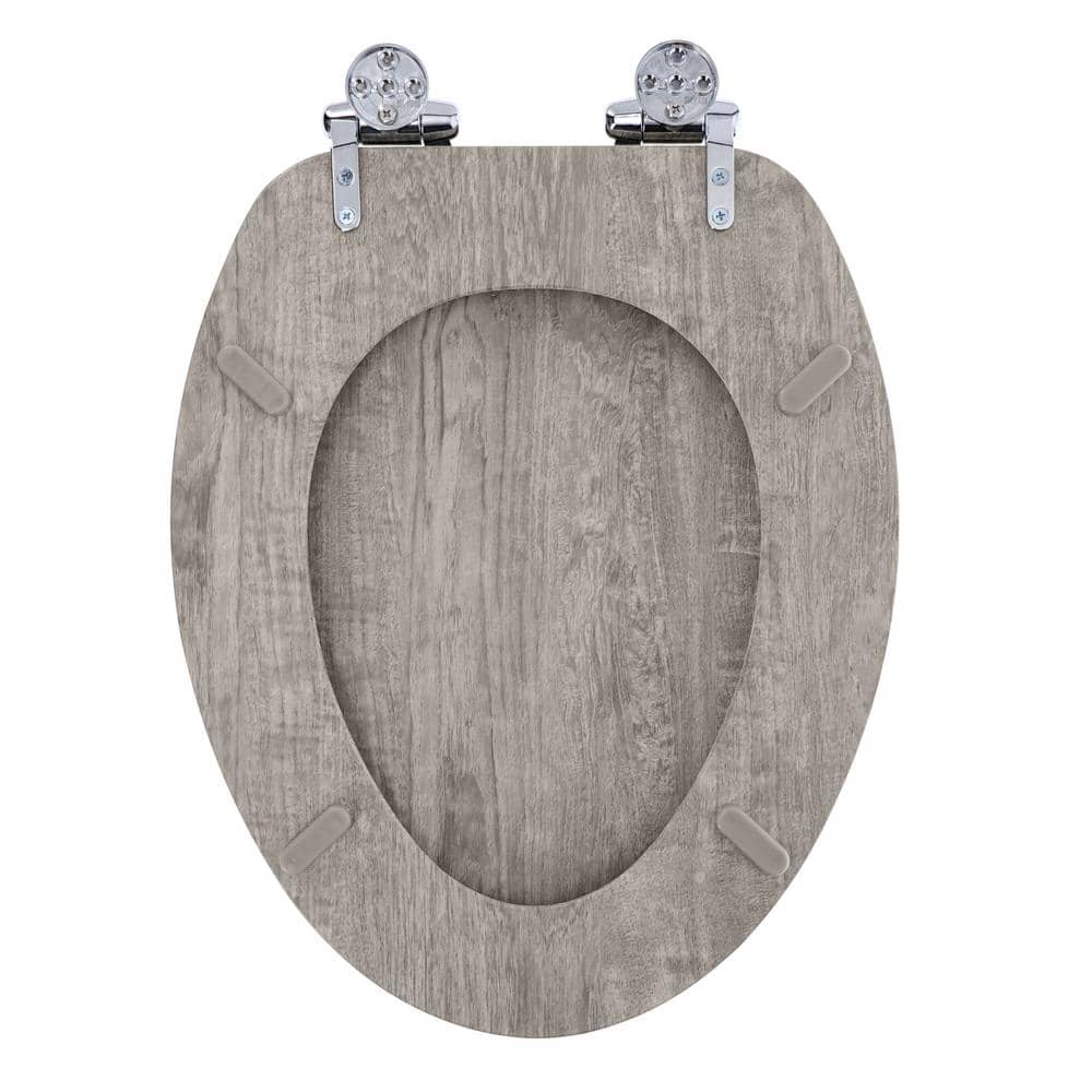 Elongated Gray Distressed Wood Veneer Toilet Seat with Chrome Hinges
