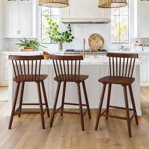 Windsor 24 in. Walnut Solid Wooden Bar Stool for Kitchen Island Counter Height Stool with Spindle Back Set of 3