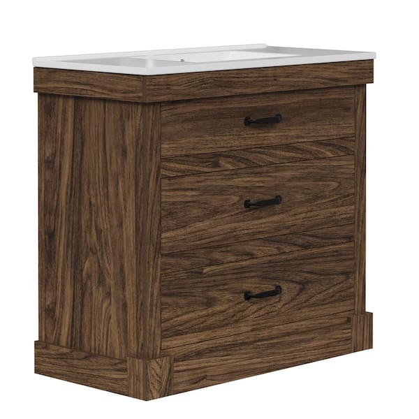 Donovan 36.02 in. W Single Sink Freestanding Walnut Bath Vanity with White Ceramic Integrated Square Top