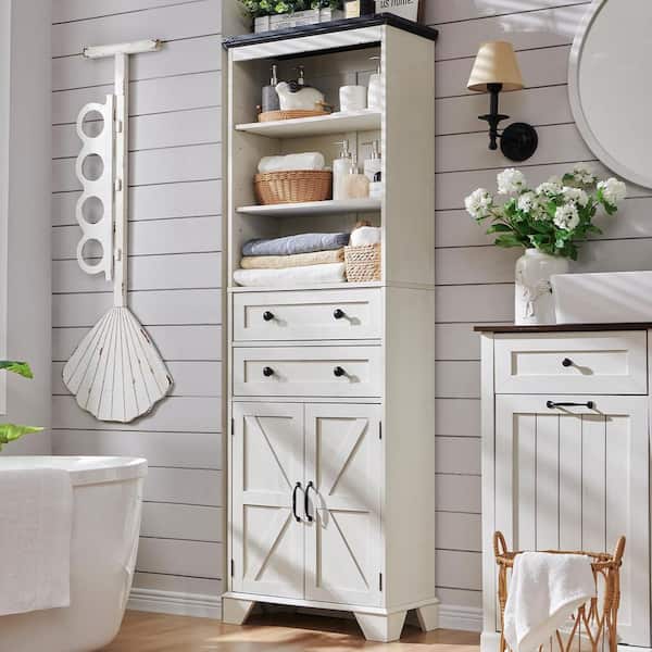 Off White 72 in. H Storage Cabinet for Living Room, Bathroom & Kitchen with 3-Adjustable Shelves and Barn Doors