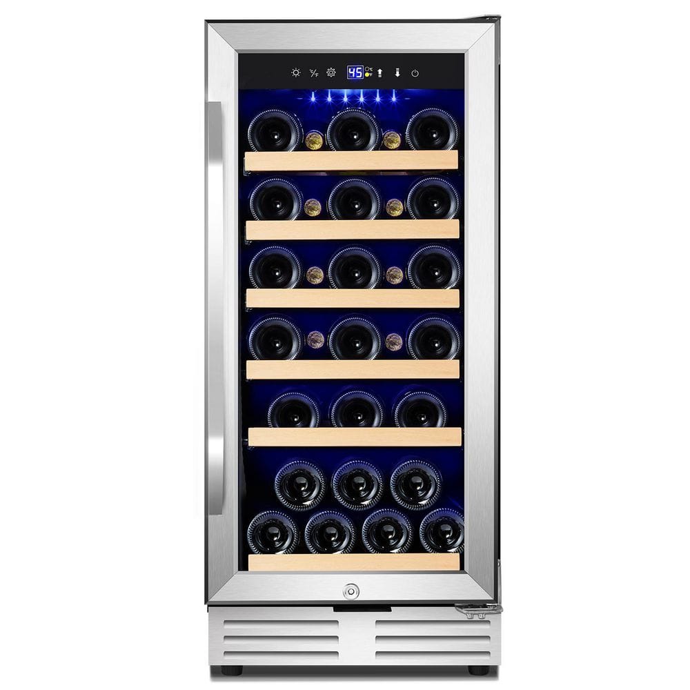 15 in. Wine Cooler Refrigerator, Wine Fridge Single Zone Freestanding for 30-Bottles in Stainless Steel with Blue LED. price history on PriceWatchPro