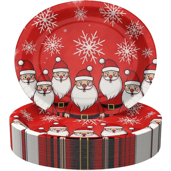 50 Count Christmas Oval Paper Plates, Heavy-Duty Disposable Plates with Santa and Snowflakes for Holiday Parties