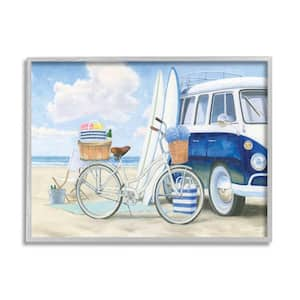 "Bike and Van Beach Nautical Blue White Painting" by James Wiens Framed Print Nature Texturized Art 11 in. x 14 in.