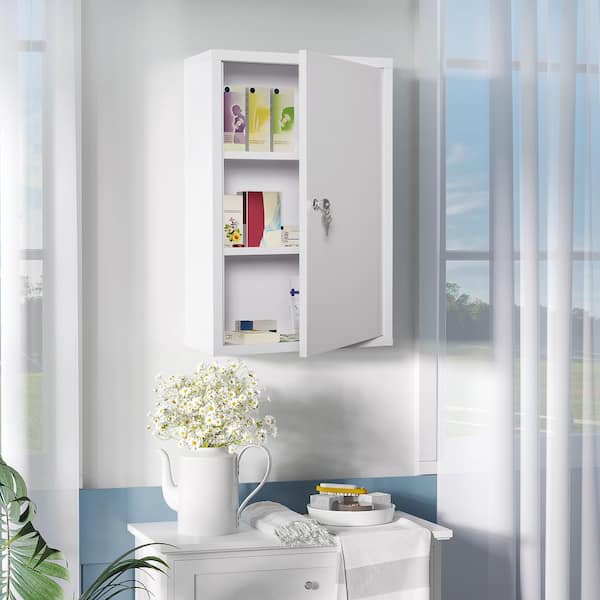 Unbranded 7 in. W x 16 in. D White Steel Decorative Wall Shelf Mount Medicine Cabinet 3 Tier Emergency Box with 2 Keys, Lockable
