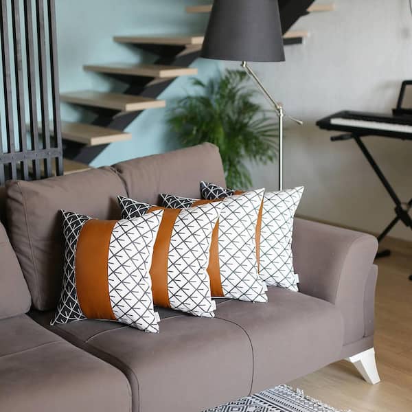 MIKE & Co. NEW YORK Bohemian Handmade Vegan Faux Leather Brown Geometric 17 in. x 17 in. Square Abstract Throw Pillow (Set of 4)