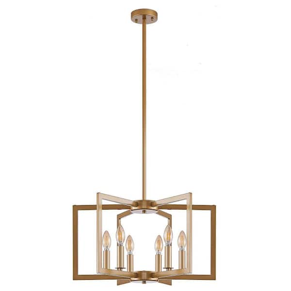 22 in. W 6-Light Pendant Light Fixture Gold Chandelier for Living Room, Dining Room, E12, No Bulbs Included
