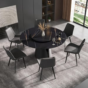 59.05 in. Modern Round Black Marble Tabletop Dining Table with 4 chairs (Seats 8)