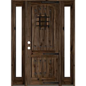 70 in. x 96 in. Mediterranean Knotty Alder Right-Hand/Inswing Clear Glass Black Stain Wood Prehung Front Door w/Sidelite