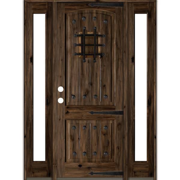 76 in. x 96 in. Knotty Alder Right-Hand/Inswing Clear Glass Black Stain Wood Prehung Front Door with Sidelite