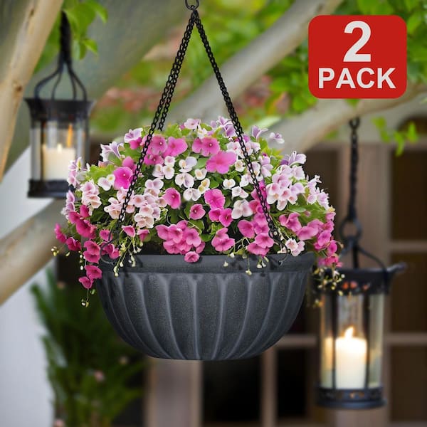 Vigoro 12 in. W x 5.5 in. H Madigan Black Decorative Resin Hanging Basket Planter with Drainage Holes (2-pack)
