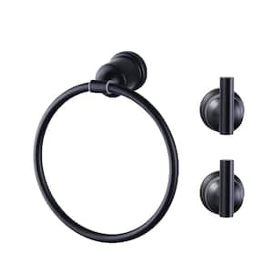 3-Piece Stainless Steel Bathroom Hardware Set Including Towel Ring and 2 Robe Hooks in Black