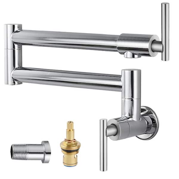 Double T-Shape Handle Wall Mounted Bathroom Faucet Folding Stretchable with Double Joint Swing Arm Polish Chrome