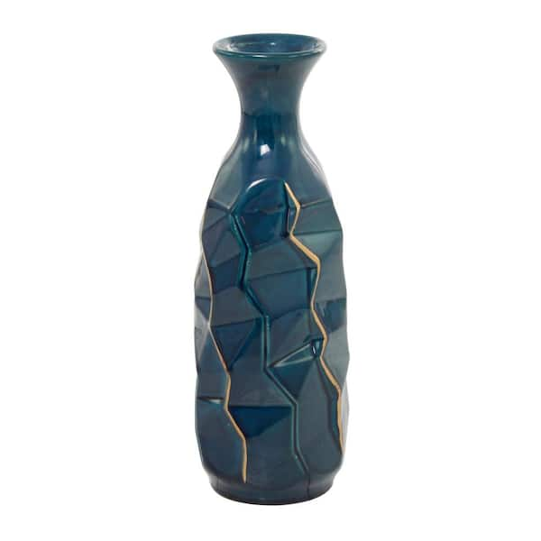 Litton Lane Blue Faceted Ceramic Decorative Vase with Gold Accents 59961 -  The Home Depot