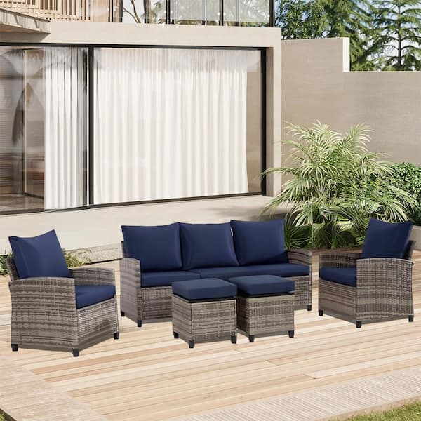 Cesicia Gray 5-Piece Wicker Outdoor Sectional Set with Blue Cushions