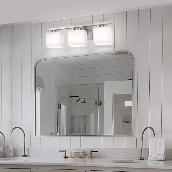 22 in. 3 Light Nickel Modern Square Vanity Light for Bathroom, Bedroom, Hallway with Milk White Glass Shades