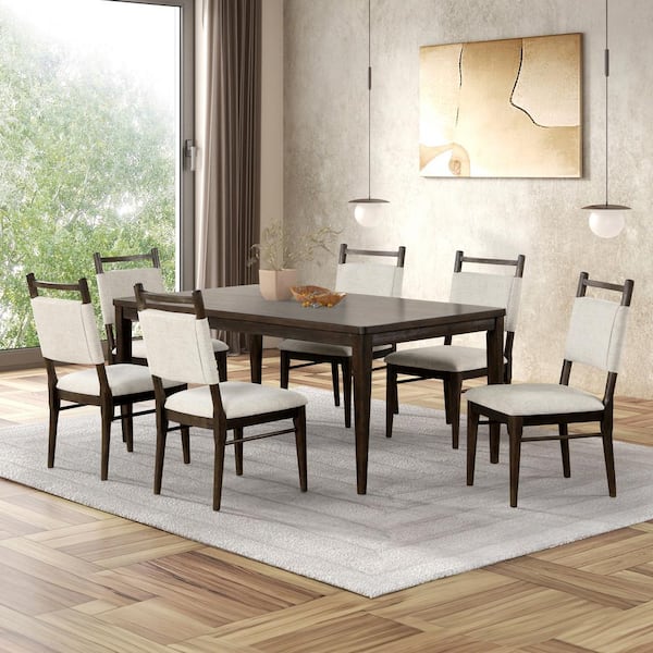 Furniture of America Praint 7-Piece Rectangle Dark Walnut Wood Top Dining Room Set with Wegner Leg and Upholstered Chairs (Seats 6)