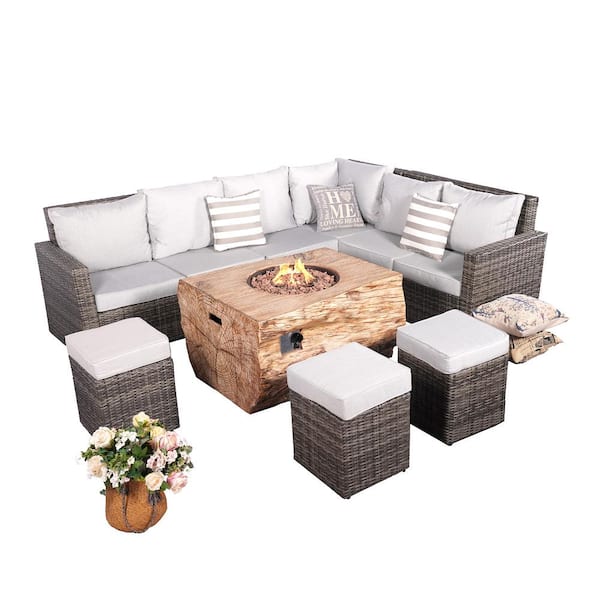 moda furnishings Strip 8-Pieces Rock and Fiberglass Fire Pit Table Gray Wicker Conversation Set with Gray Cushions and a Storage Box