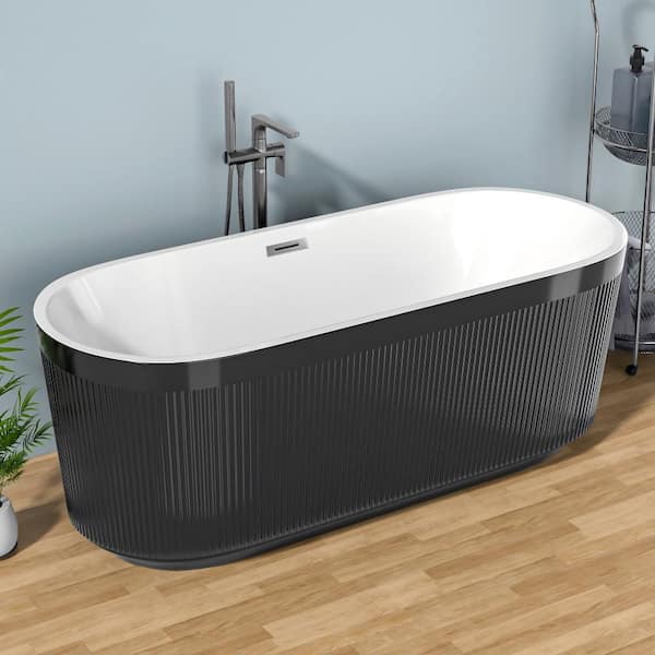 Aguamaph 59 in. x 30 in. Acrylic Freestanding Soaking Bathtub Pleated Design with Chrome Center Pop-Up Drain Black Soaking tub