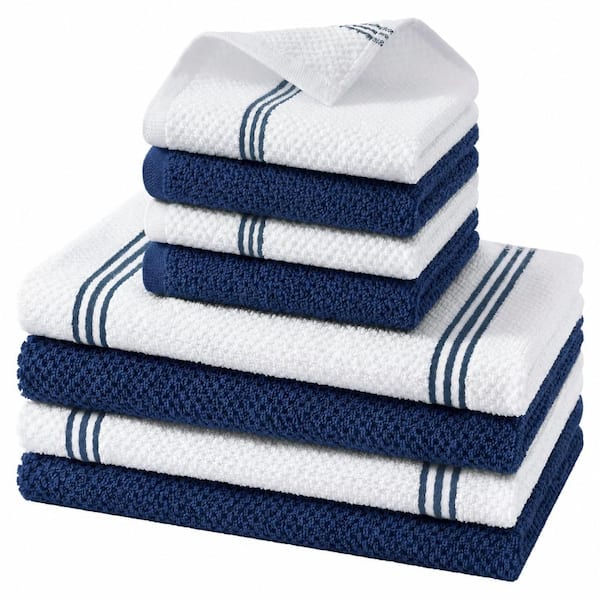 Navy Blue Rice Grain and Striped 100% Cotton Kitchen Towels and Dishcloths Set of 8 with Hanging Loops