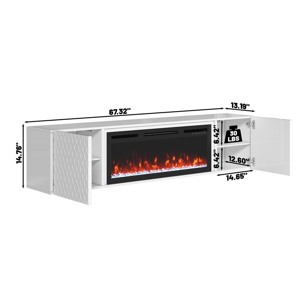 White Wall Mounted TV Stand with Electric Fireplace and Storage