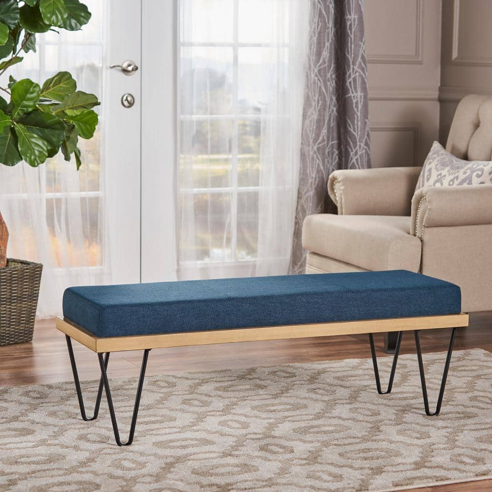 Elaina Navy Blue Upholstered Bench with Faux Pine Veneer and Iron Legs