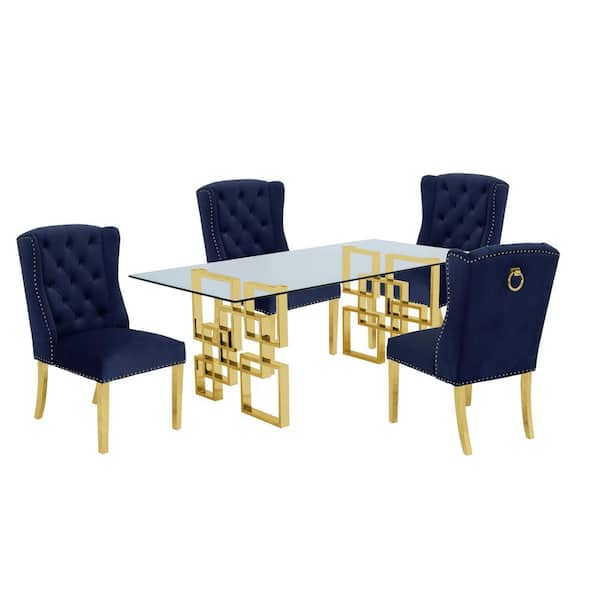 Best Quality Furniture Dominga 5-Piece Glass Top with Stainless Steel and Set with 4-Navy Blue Velvet Chairs