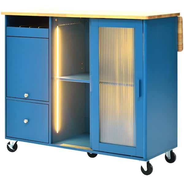 Unbranded Navy Blue LED Light Kitchen Cart Island on Wheels with Drop Leaf, 2 Fluted Glass Doors and Adjustable Shelf