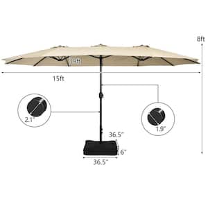 15 ft. Iron Market Double-Sided Twin Patio Umbrella with Crank in Beige