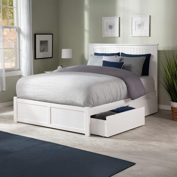 Nantucket White Queen Solid Wood Storage Platform Bed with Flat Panel Foot Board and 2 Bed Drawers