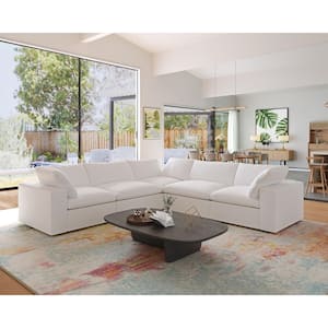 120.4 in. W Linen Square Arm 5-Piece Free Combination Modular Sectional Sofa in White