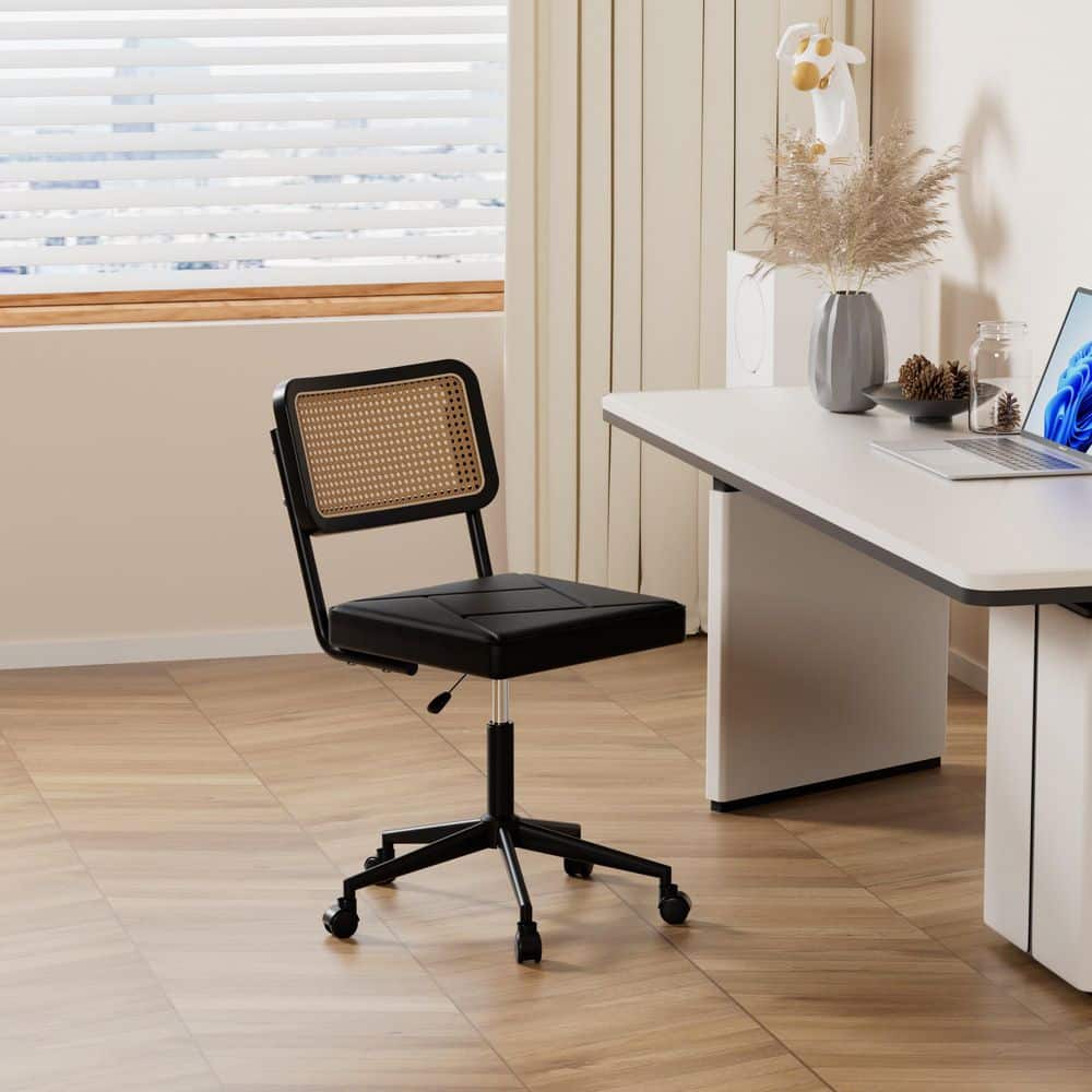 Armless Swivel Office Chair with Rattan Back and PU Seat – Adjustable Black Desk Chair for Home Office or Vanity
