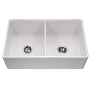 Platus Farmhouse Apron Front Fireclay 33 in. Double Bowl Kitchen Sink in White with Dual-Mounting Options