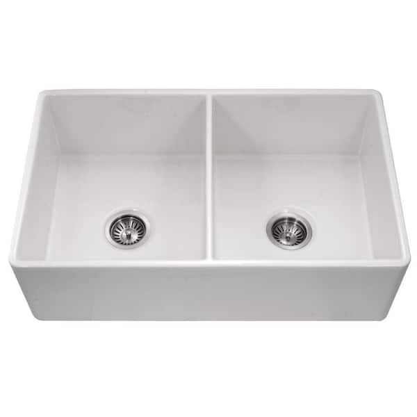 HOUZER Platus Farmhouse Apron Front Fireclay 33 in. Double Bowl Kitchen Sink in White with Dual-Mounting Options