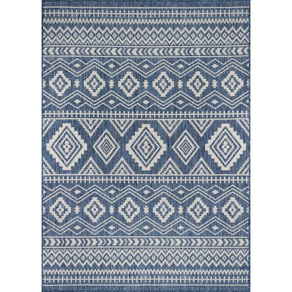Waikiki Blue/White 9 ft. x 12 ft. Moroccan Geometric Washable Modern Indoor Outdoor Area Rug