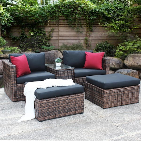 wayofatry 5-Pieces Outdoor Patio Garden Wicker Sectional Conversation Sofa Set with Furniture Protection Cover