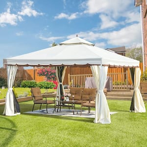 10 ft. x 12 ft. Cream Outdoor Canopy Gazebo, Double Roof Patio Gazebo with Netting and Shade Curtain