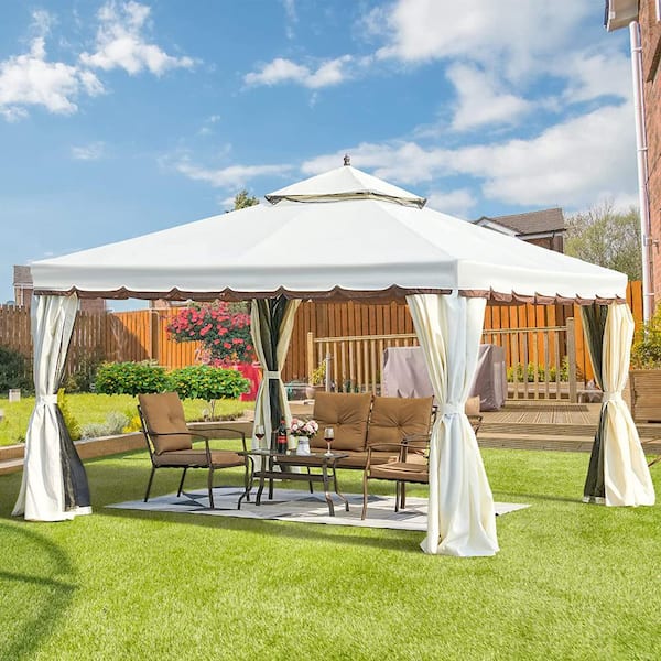 EROMMY 10 ft. x 12 ft. Cream Outdoor Canopy Gazebo, Double Roof Patio Gazebo with Netting and Shade Curtain