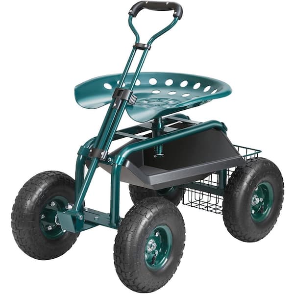 Rolling Garden Cart with 360-Degree Swivel Seat, Steering Handle and Tool Tray, 300 lb. Capacity, Green