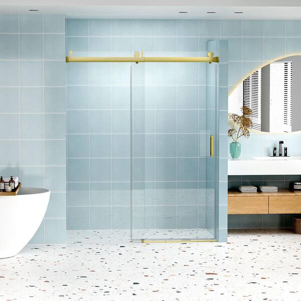 ANGELES HOME 60 in. W x 76 in. H Single Sliding Frameless Soft-closing Shower Door in Gold with 1/4 in. (6mm) Tempered Clear Glass