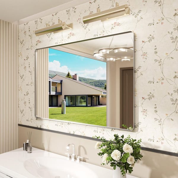 48 in. W x 32 in. H Rounded Rectangle Framed Wall Bathroom Vanity Mirror in Brushed Nichel