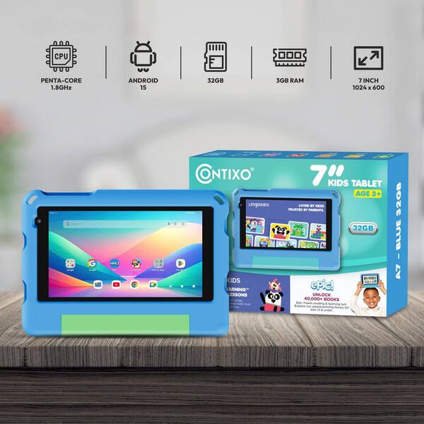 Urao Kids Tablet 7" Android 12 - 5GB RAM, 32GB Storage, 5000mAh Battery, Parental Controls (Blue, TK707)