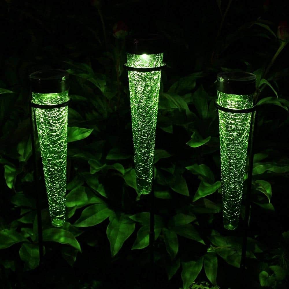 Dark Green Hand-Blown Glass Solar LED Garden Stakes, Set of 3