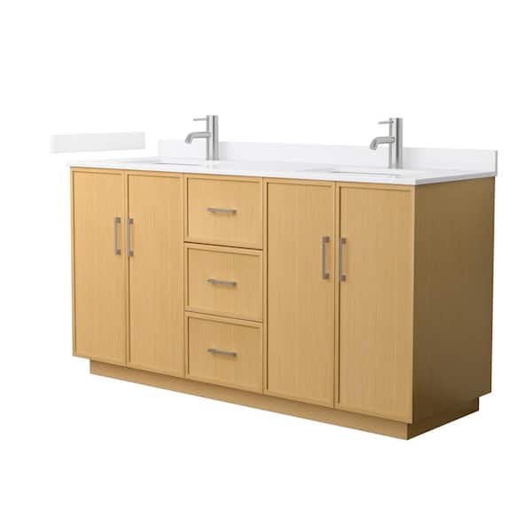 Elan TK 66 in. Double Freestanding Light Oak Bath Vanity with White Quartz Top (Assembled)