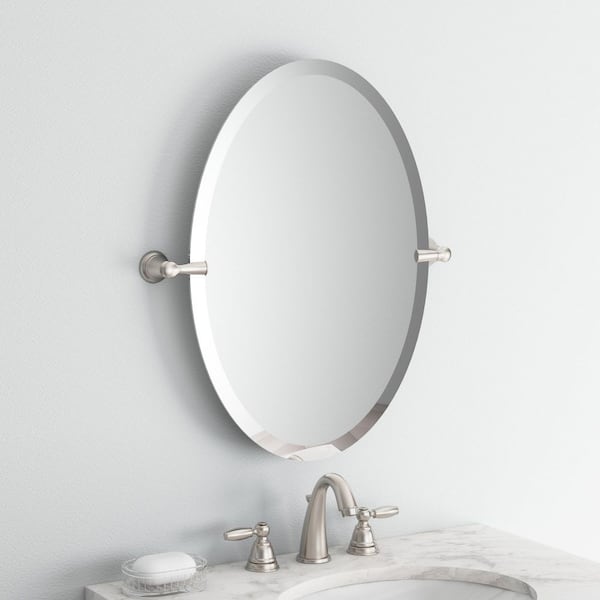 Banbury 23 in. W x 26 in. H Oval Frameless Tilt Wall Bathroom Vanity Mirror in Brushed Nickel